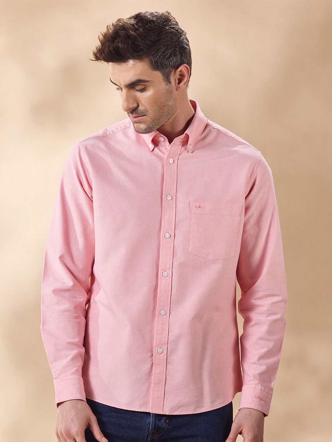 

Aldeno Men Comfort Button-Down Collar Solid Cotton Casual Shirt, Peach