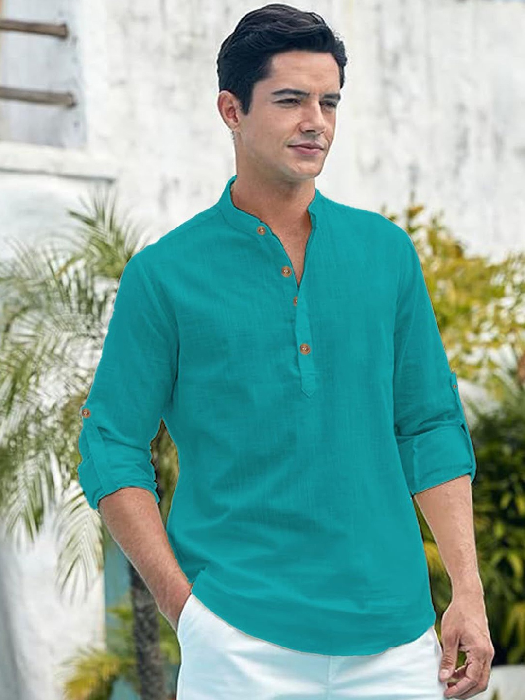 

Vida Loca Mandarin Collar Roll-Up Sleeves Pure Cotton Short Kurta, Turquoise blue