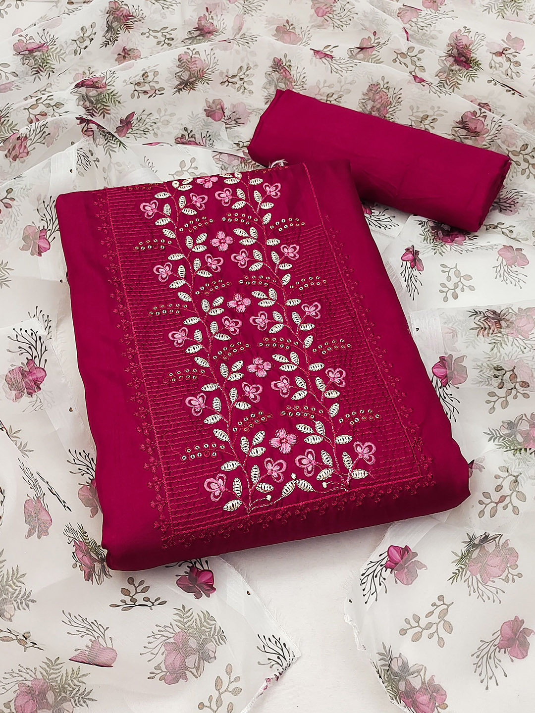

Ishin Embroidered Pure Cotton Unstitched Dress Material, Pink