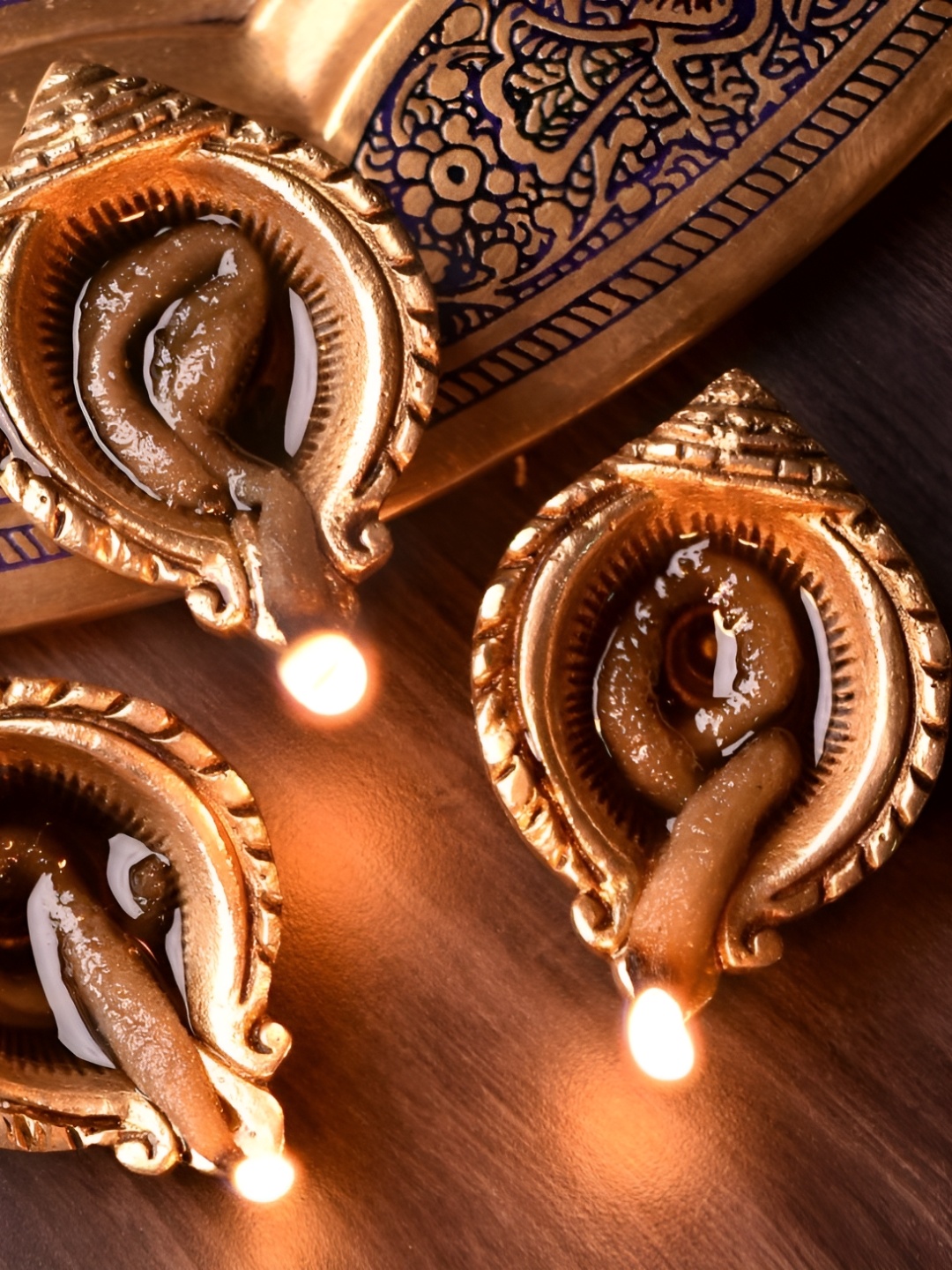 

Indianshelf Gold-Toned 3 PiecesTextured Brass Diya Pooja Essentials