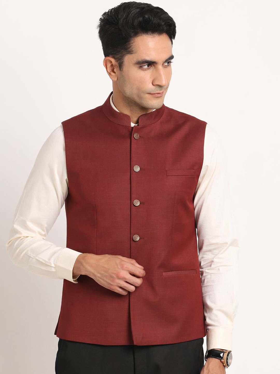 

Turtle Men Woven Formal Nehru Jacket, Maroon