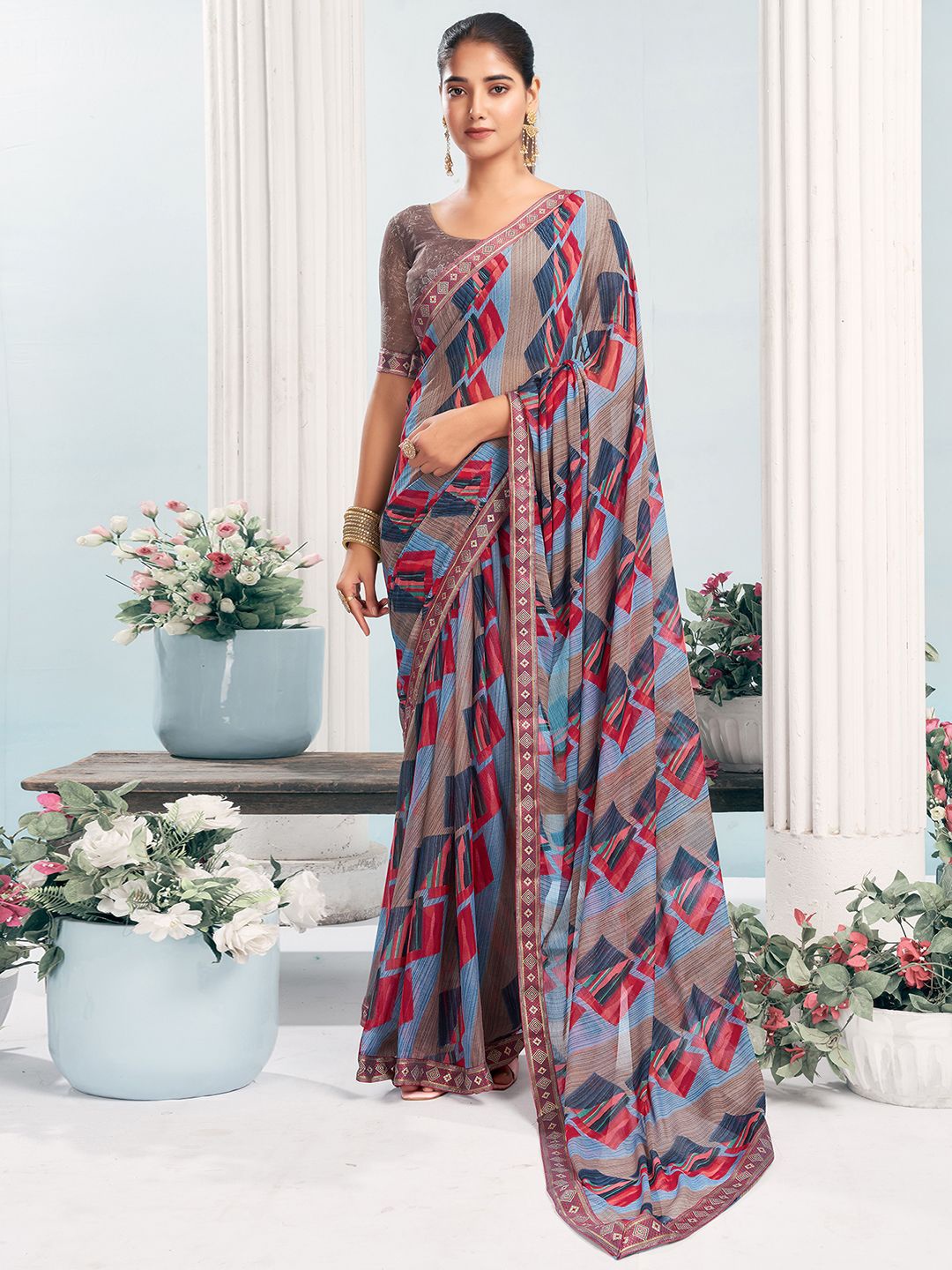 

KALINI Geometric Printed Embroidered Pure Chiffon Celebrity Saree, Brown