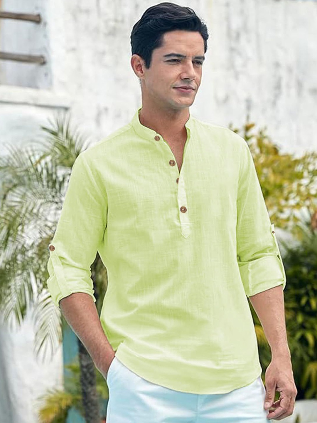

Vida Loca Mandarin Collar Roll-Up Sleeves Straight Kurta, Sea green