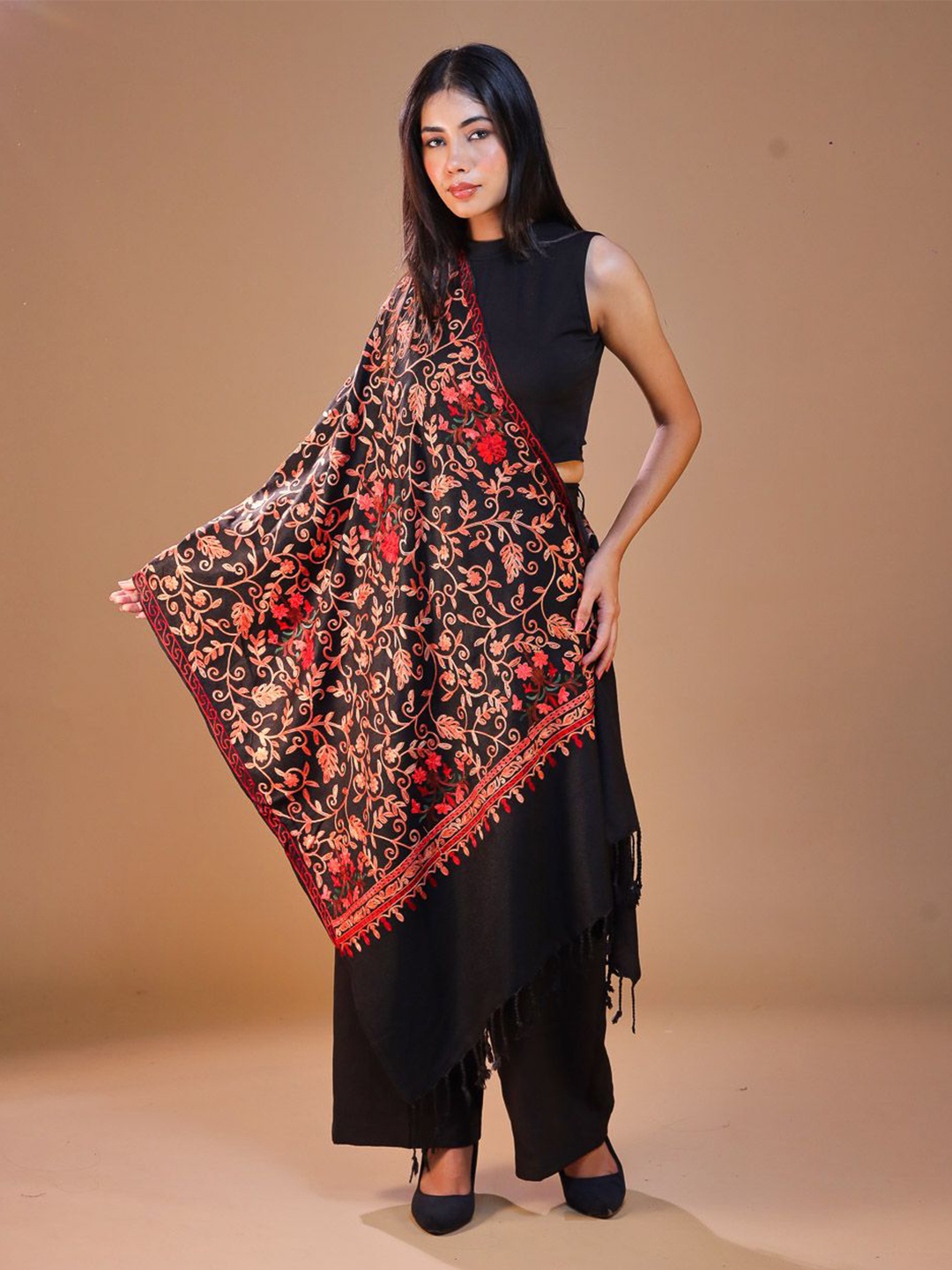 

SWI Stylish Women Ethnic Motifs Embroidered Woolen Stole, Black