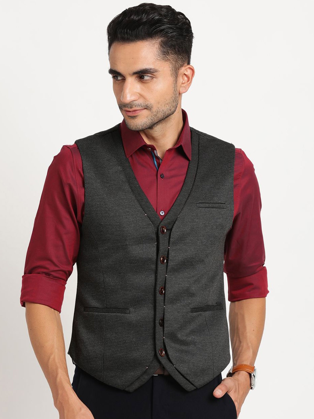 

Turtle Men Self Design Casual Waist Coat, Charcoal