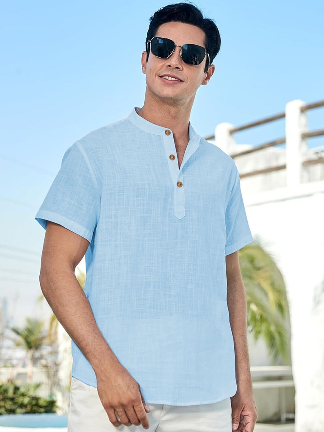 

Vida Loca Band Collar Pure Cotton Short Kurta, Blue