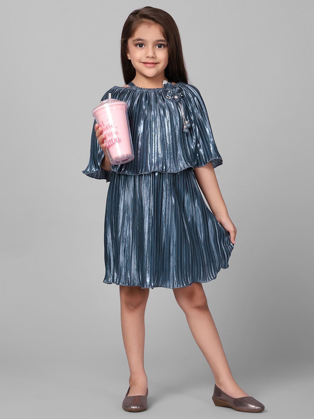 

Macwin Accordian Pleats Cape Sleeve A-Line Dress, Blue