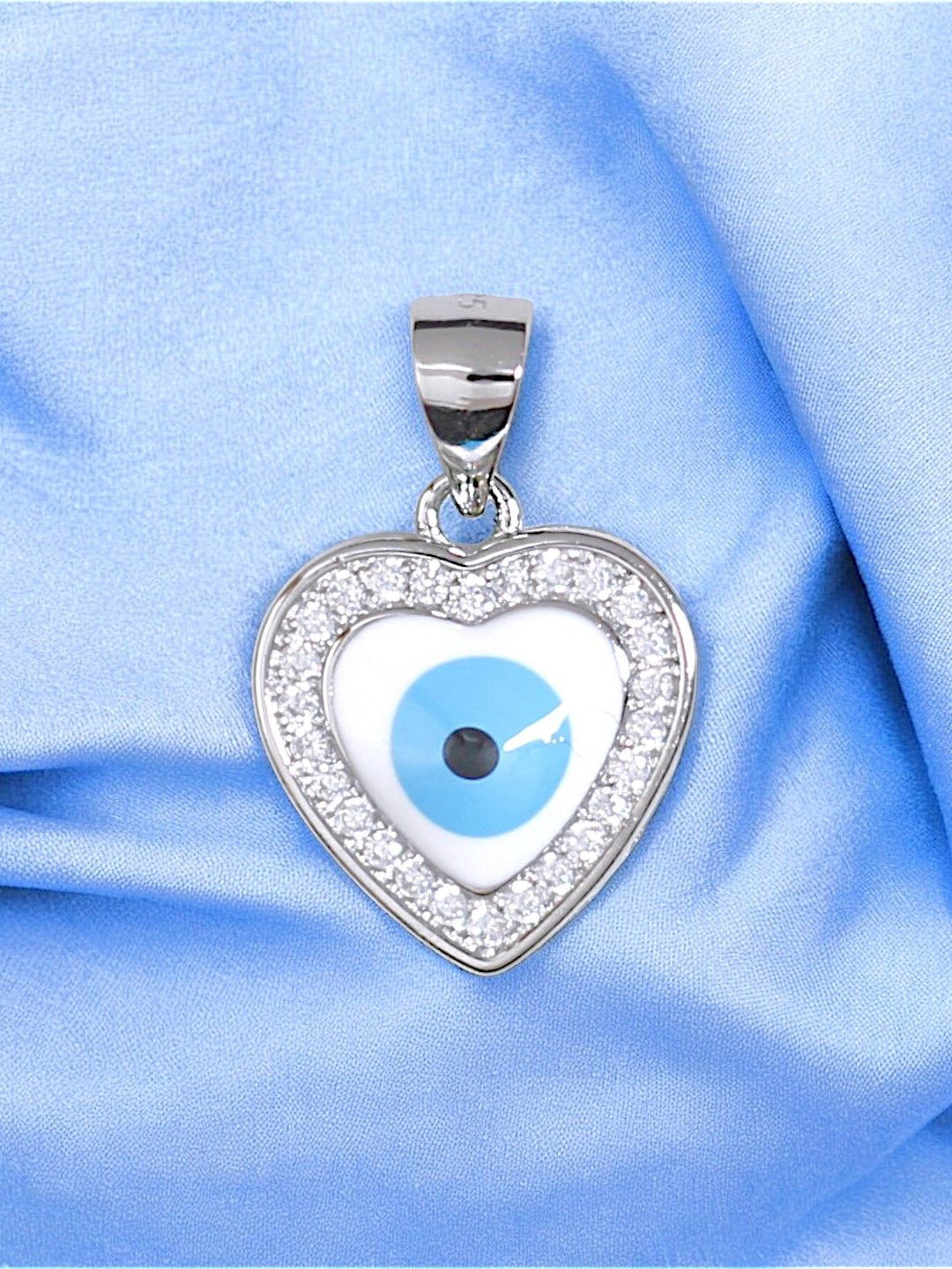 

Taraash 925 Sterling Silver Rhodium-Plated CZ Studded Evil Eye Heart Shaped Pendant