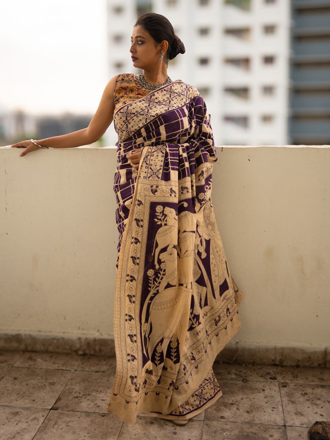 

Uttariya Kalamkari Printed Pure Cotton Saree, Brown