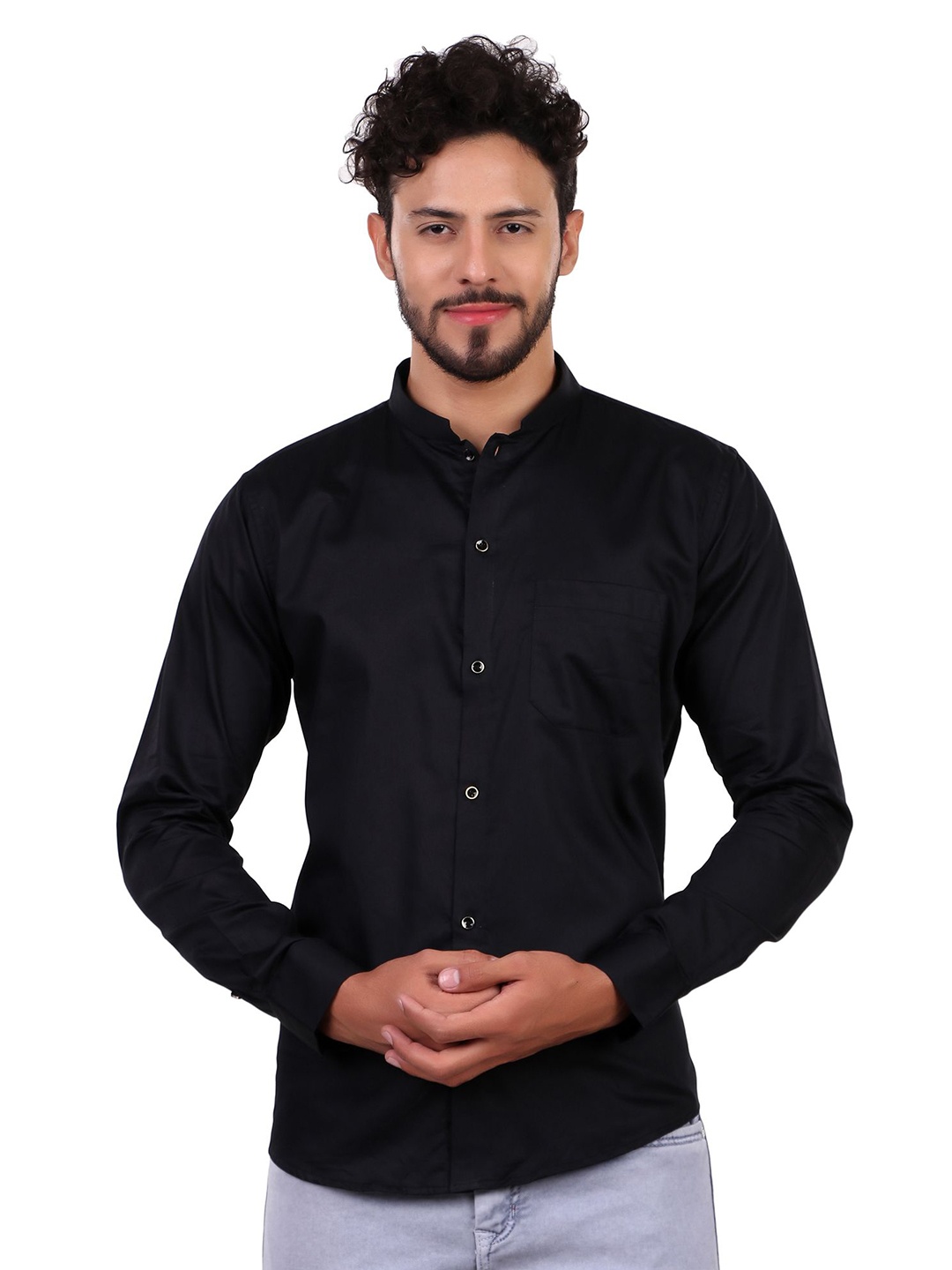 

DESIGN UP Men Radon Slim Fit Mandarin Collar Cotton Shirt, Black