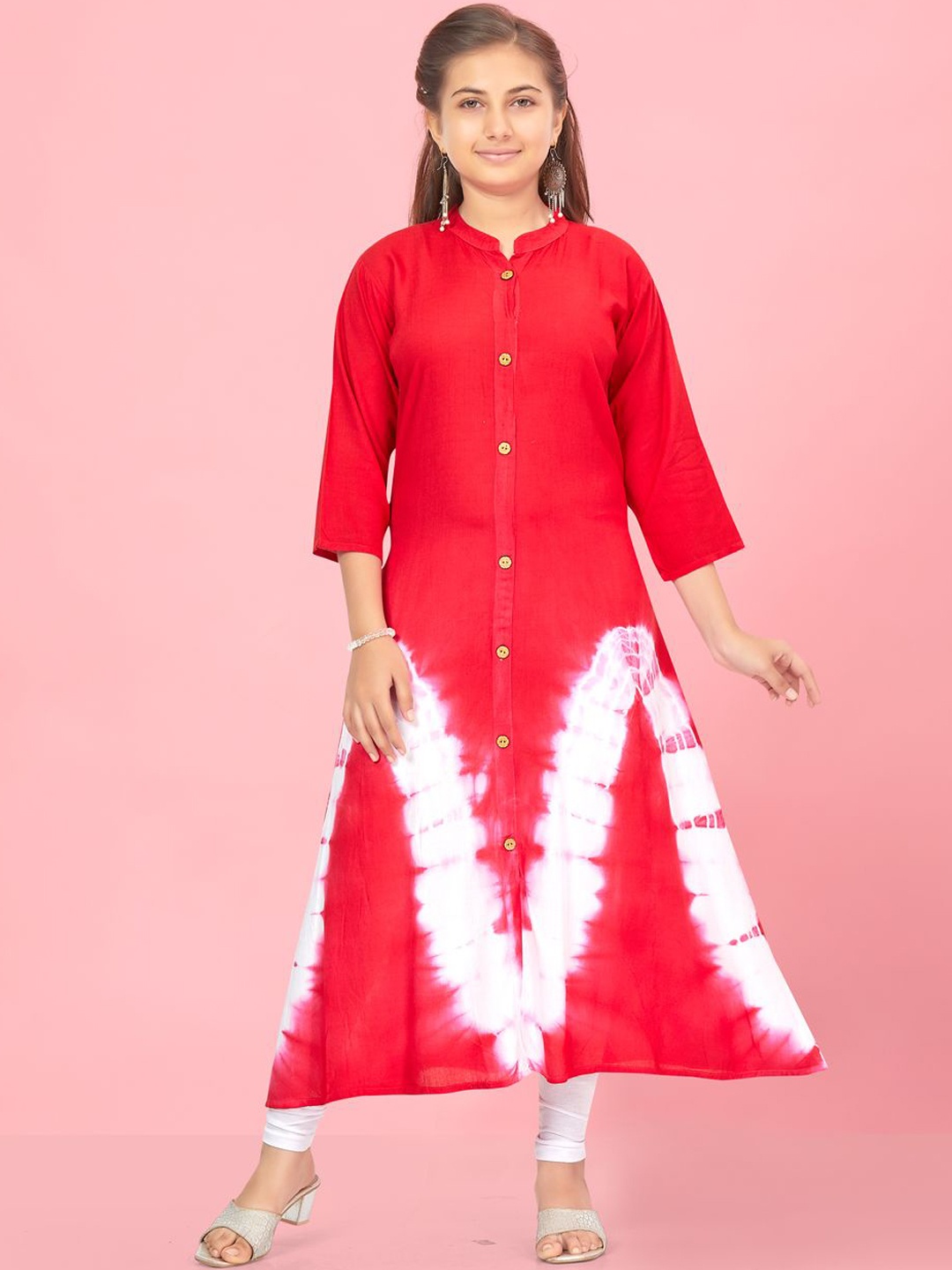 

BAESD Girls Tie And Dye Band Collar Pure Cotton Straight Kurta, Red