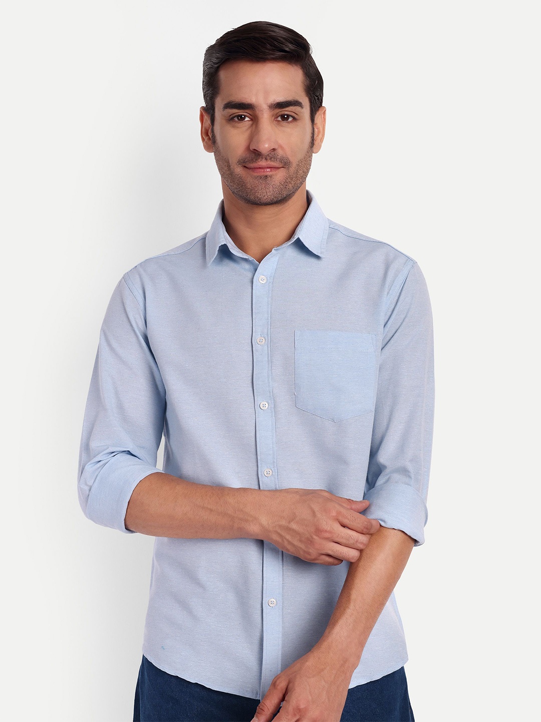 

Springberry Men Comfort Spread Collar Solid Cotton Casual Shirt, Blue