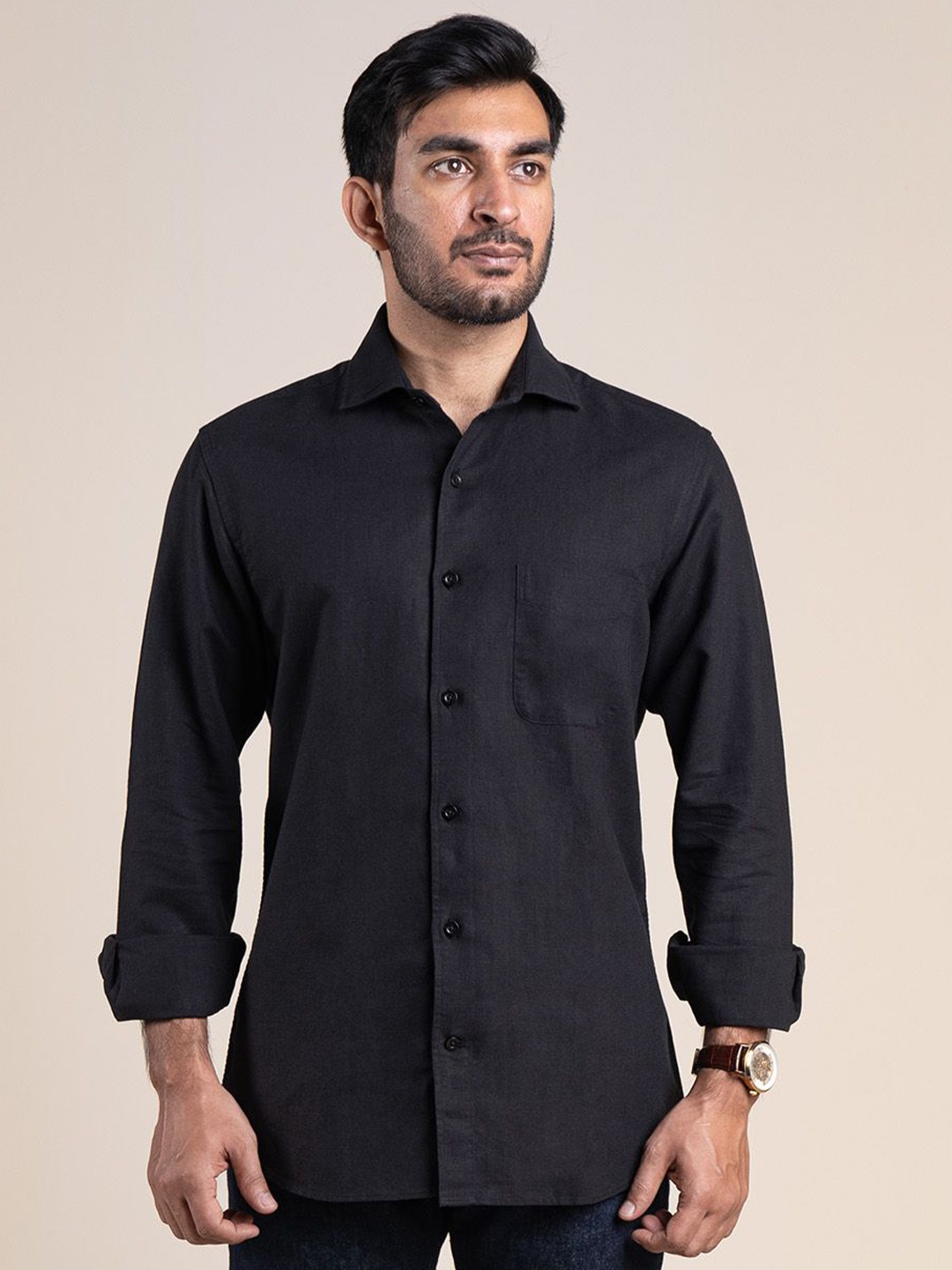 

Monks of Method Men Classic Spread Collar Solid Slim Fit Casual Shirt, Black