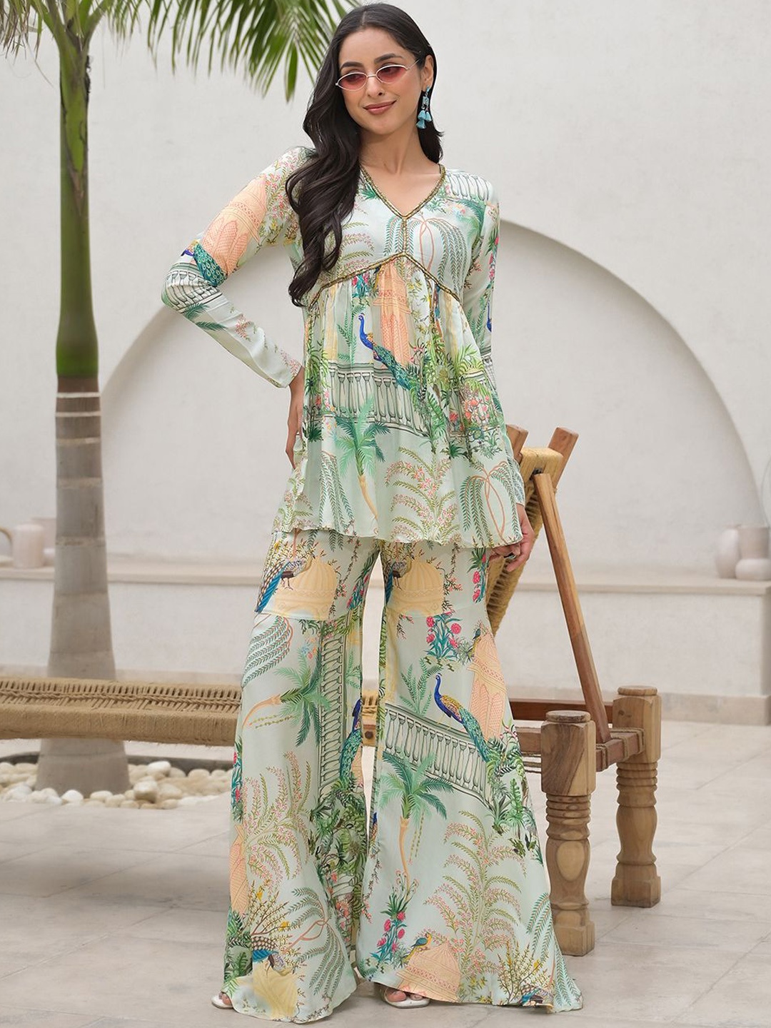 

Chandbaali Digital Printed Sequinned Top With Palazzos, Green