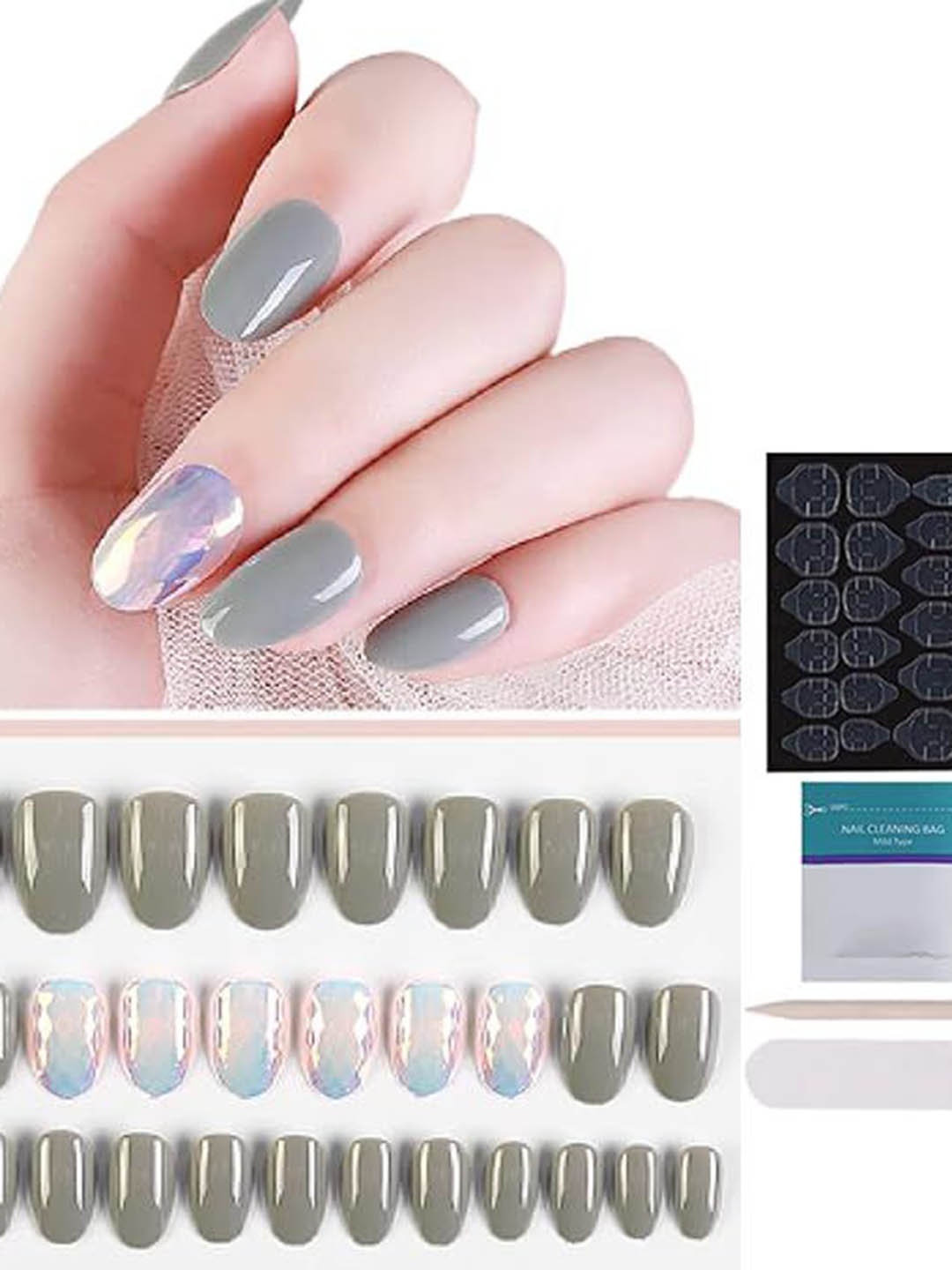 

Coslifestore 24 Pcs Press On Ready To Use Acrylic Gel Nails - Dark Grey & Silver 06