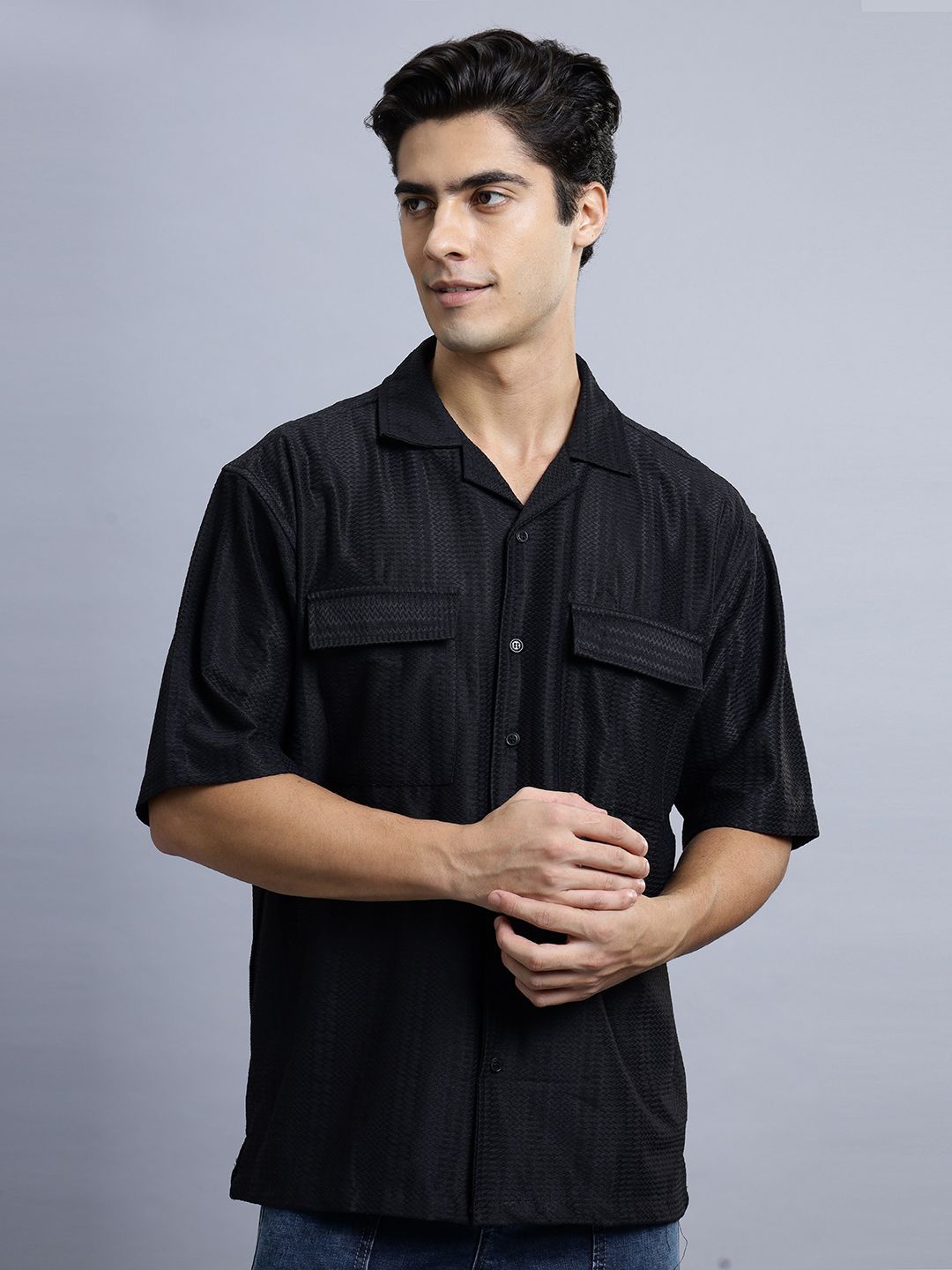 

N AND J Men Relaxed Solid Oversized Casual Shirt, Black