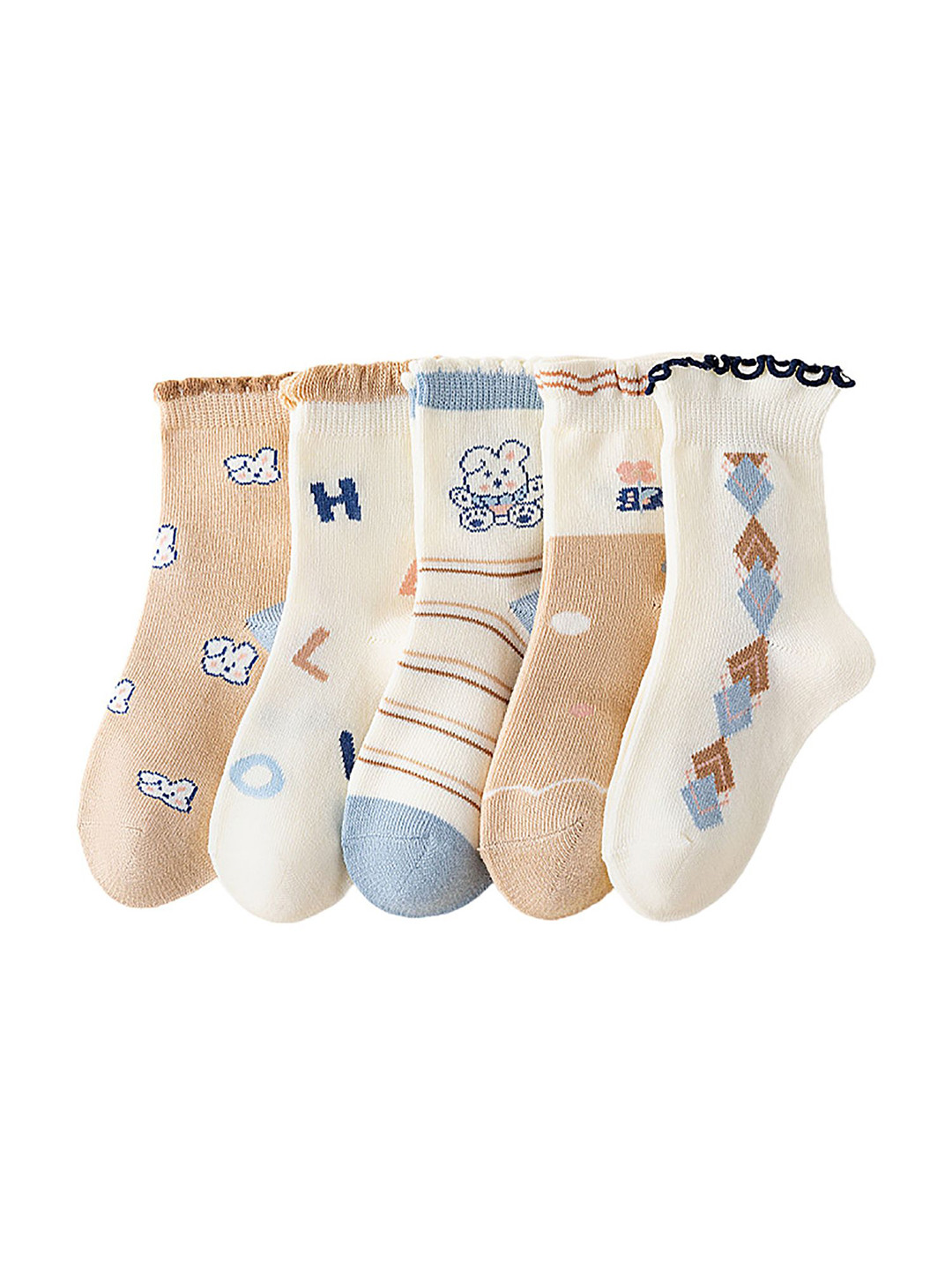 

SYGA Kids Pack Of 5 Patterned Cotton Crew-Length Socks, Nude