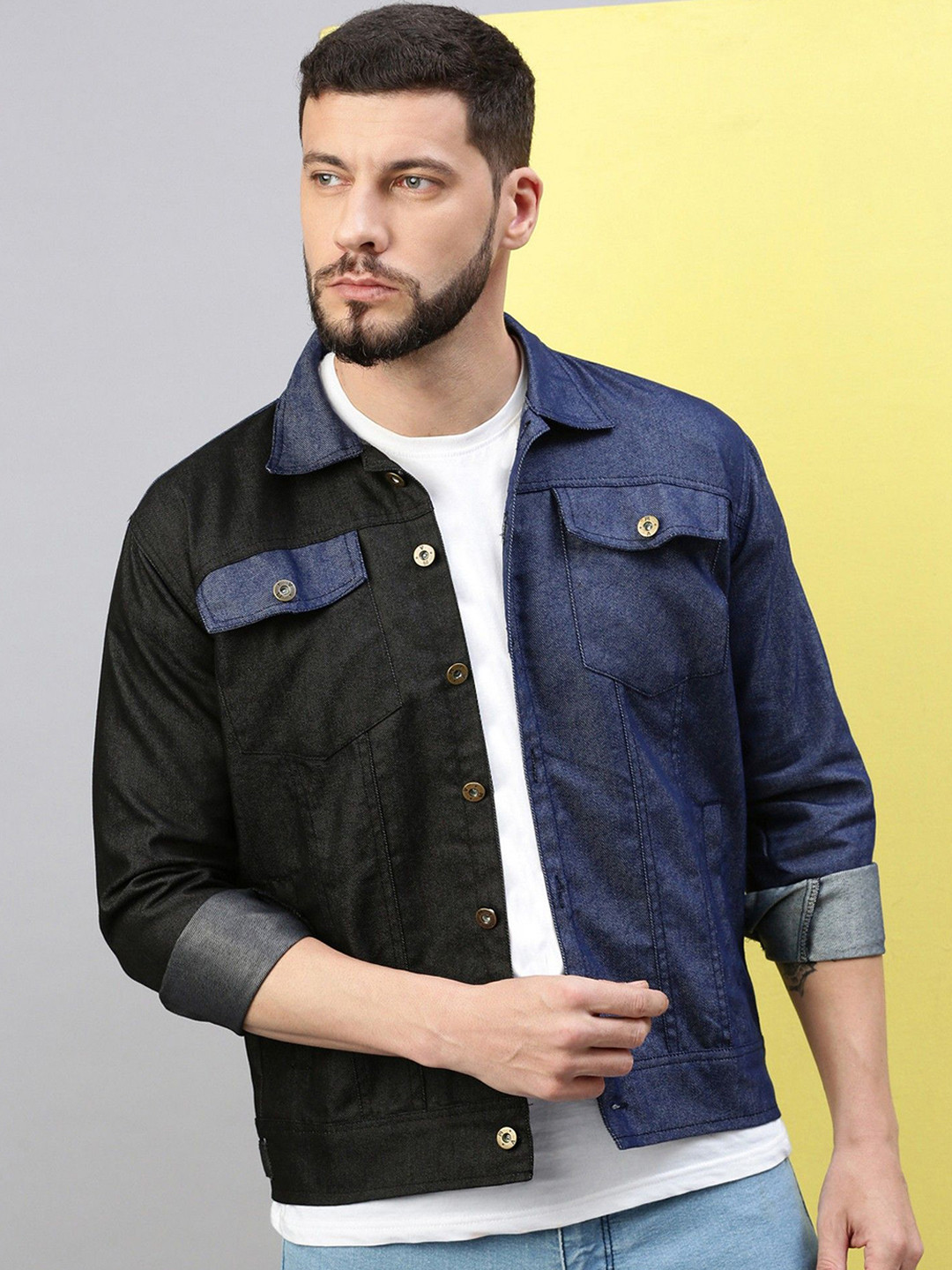 

VOXATI Men Colourblocked Denim Jacket, Black