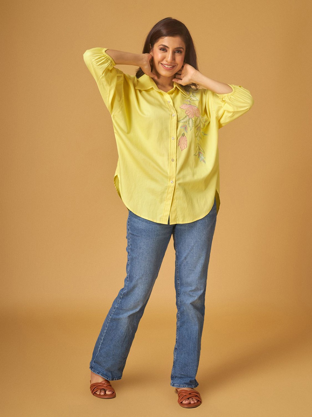 

Maisolos Women Spread Collar Floral Printed Cotton Relaxed Fit Casual Shirt, Yellow