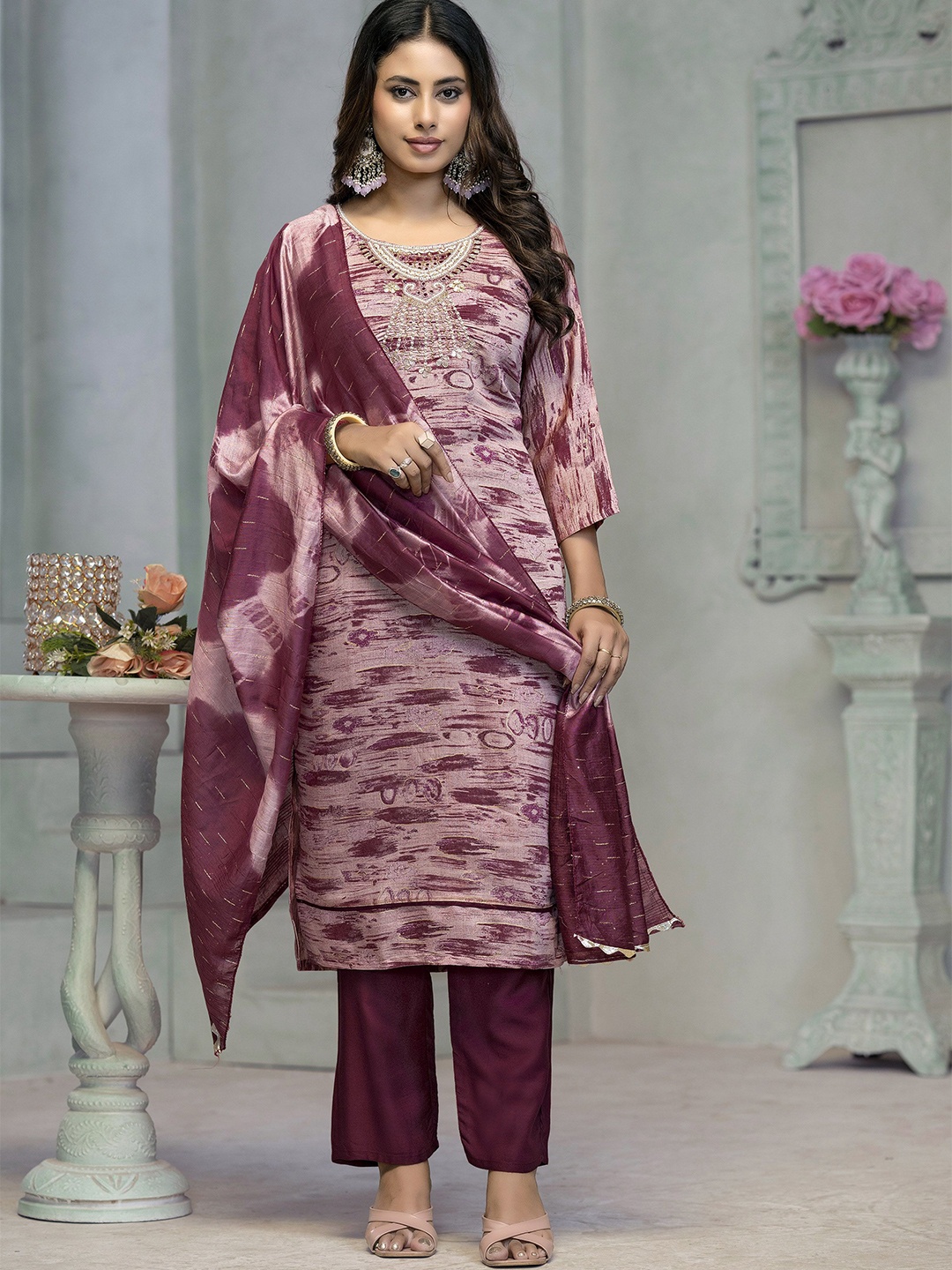 

Maroosh Women Dyed Embellished Kurta & Trouser with Dupatta, Purple