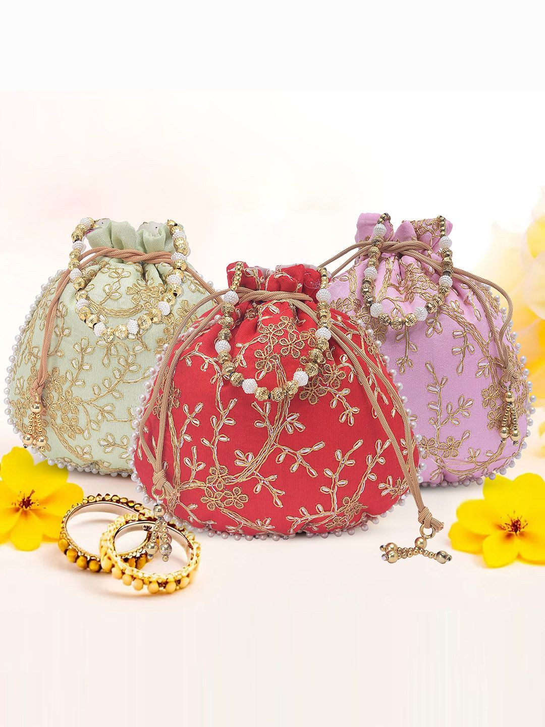 

Kuber Industries Set of 3 Embroidered Potli Bags, Pink