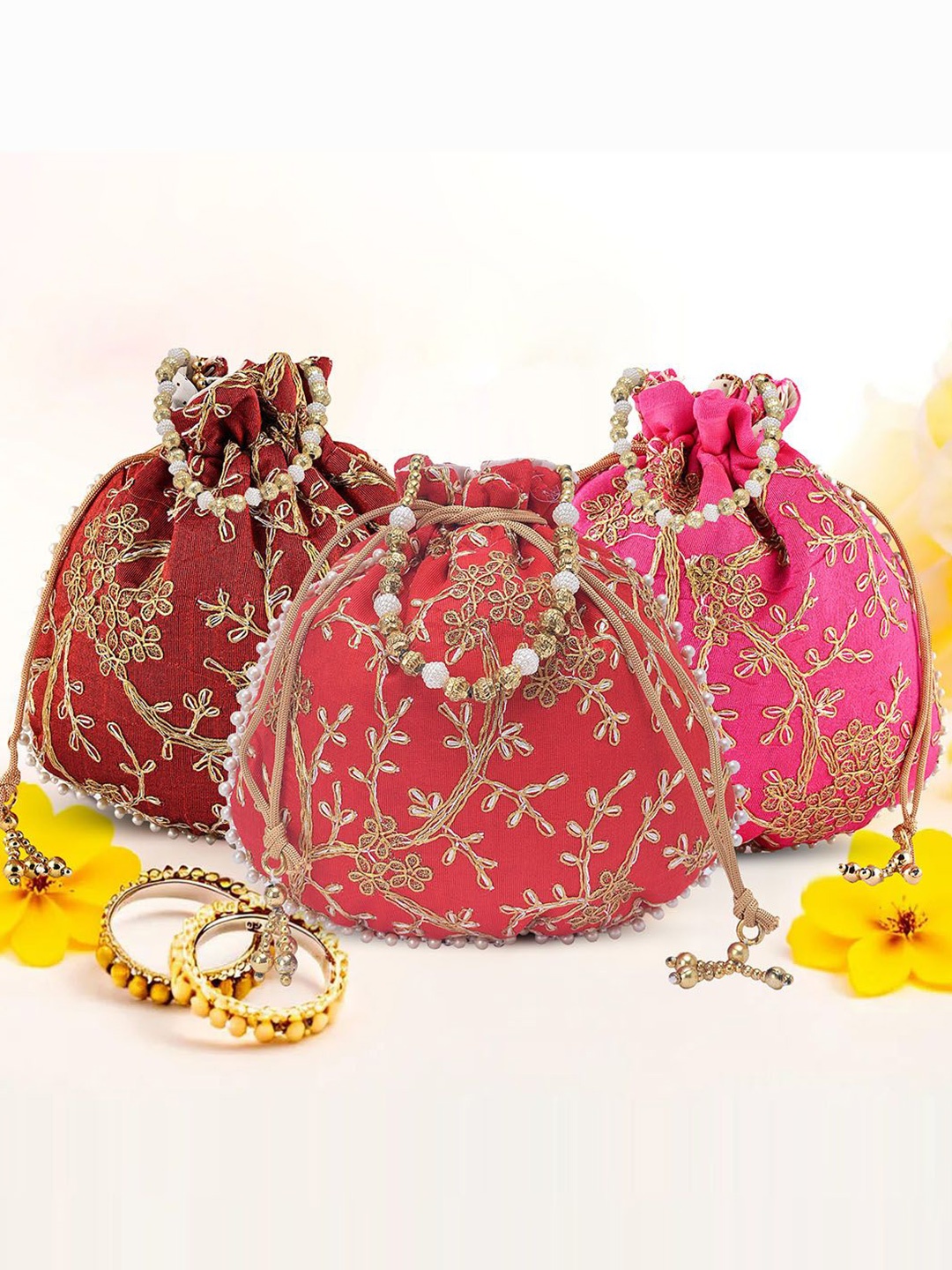 

Kuber Industries Set of 3 Embroidered Potli Bags, Maroon
