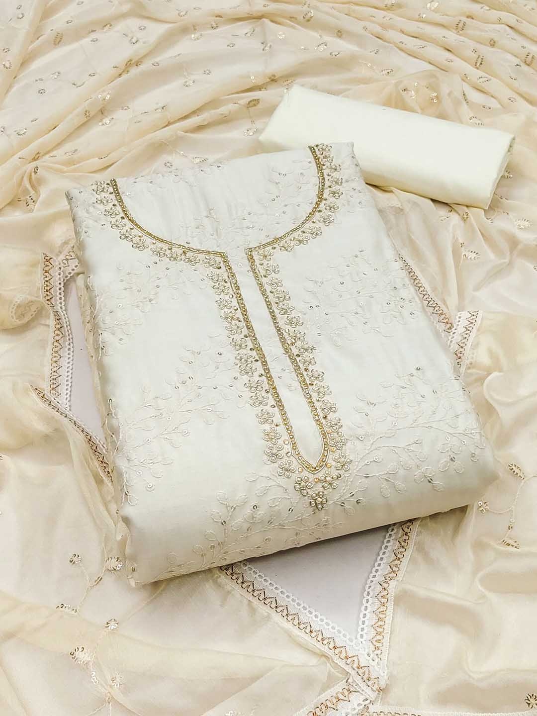 

Ishin Floral Embroidered Sequinned Pure Cotton Unstitched Dress Material, White