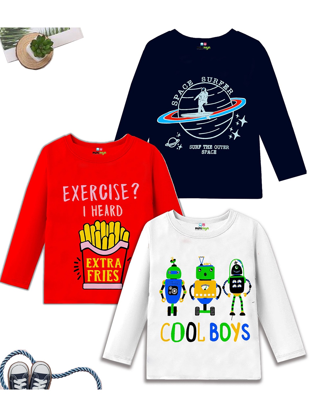 

MINI MYN Boys Pack Of 3 Humour and Comic Printed Round Neck Cotton T-shirts, Multi