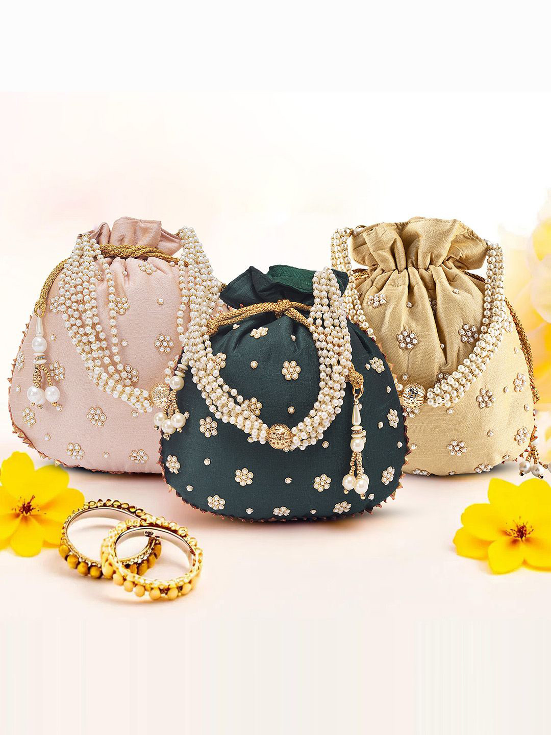

Kuber Industries Set of 3 Embroidered Potli Bags, Gold