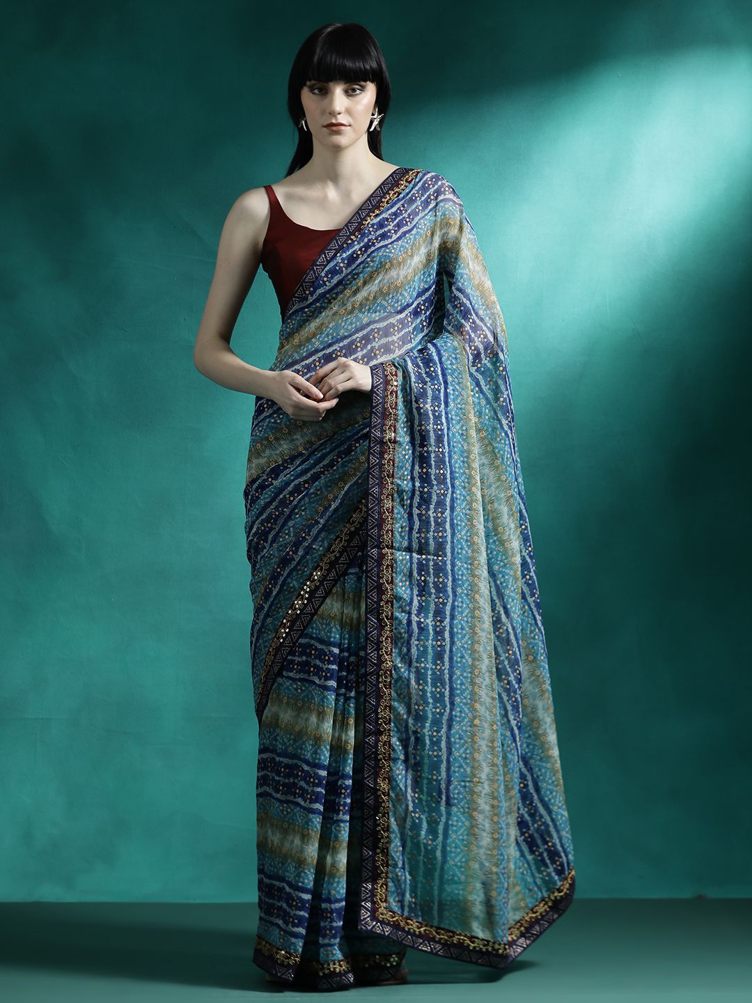 

Sangria Ethnic Motifs Printed Embroidered Celebrity Saree With Blouse Piece, Blue