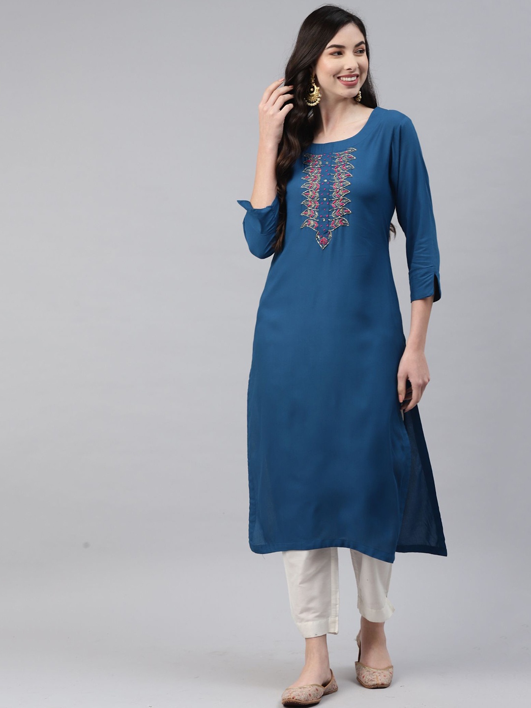 

KALINI Ethnic Motifs Embroidered Straight Kurta, Blue