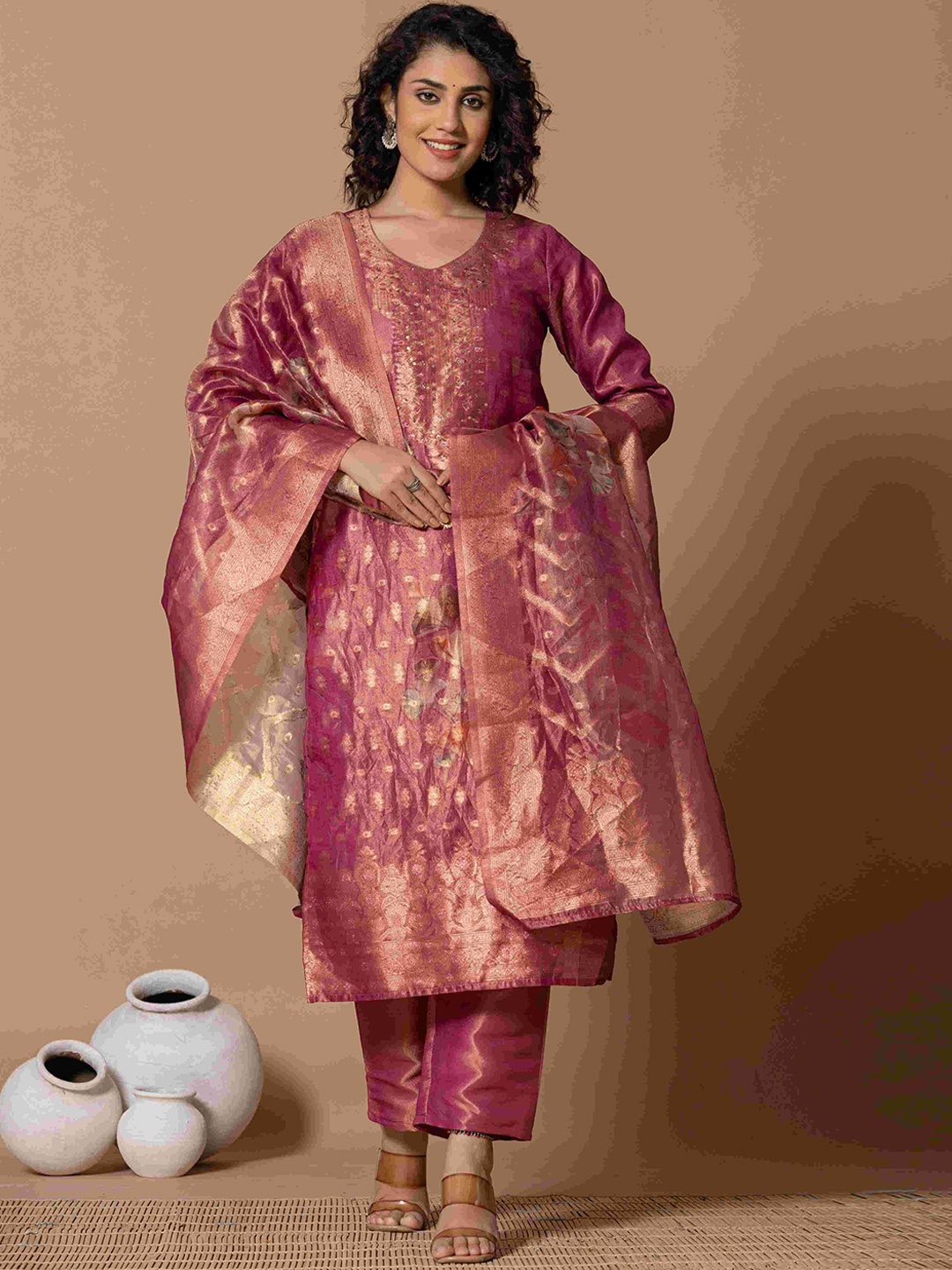 

Do Dhaage Ethnic Motifs Embroidered Sequinned Straight Kurta With Trousers & Dupatta, Purple