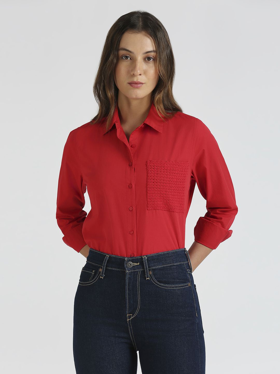 

Pepe Jeans Women Spread Collar Solid Cotton Casual Shirt, Red