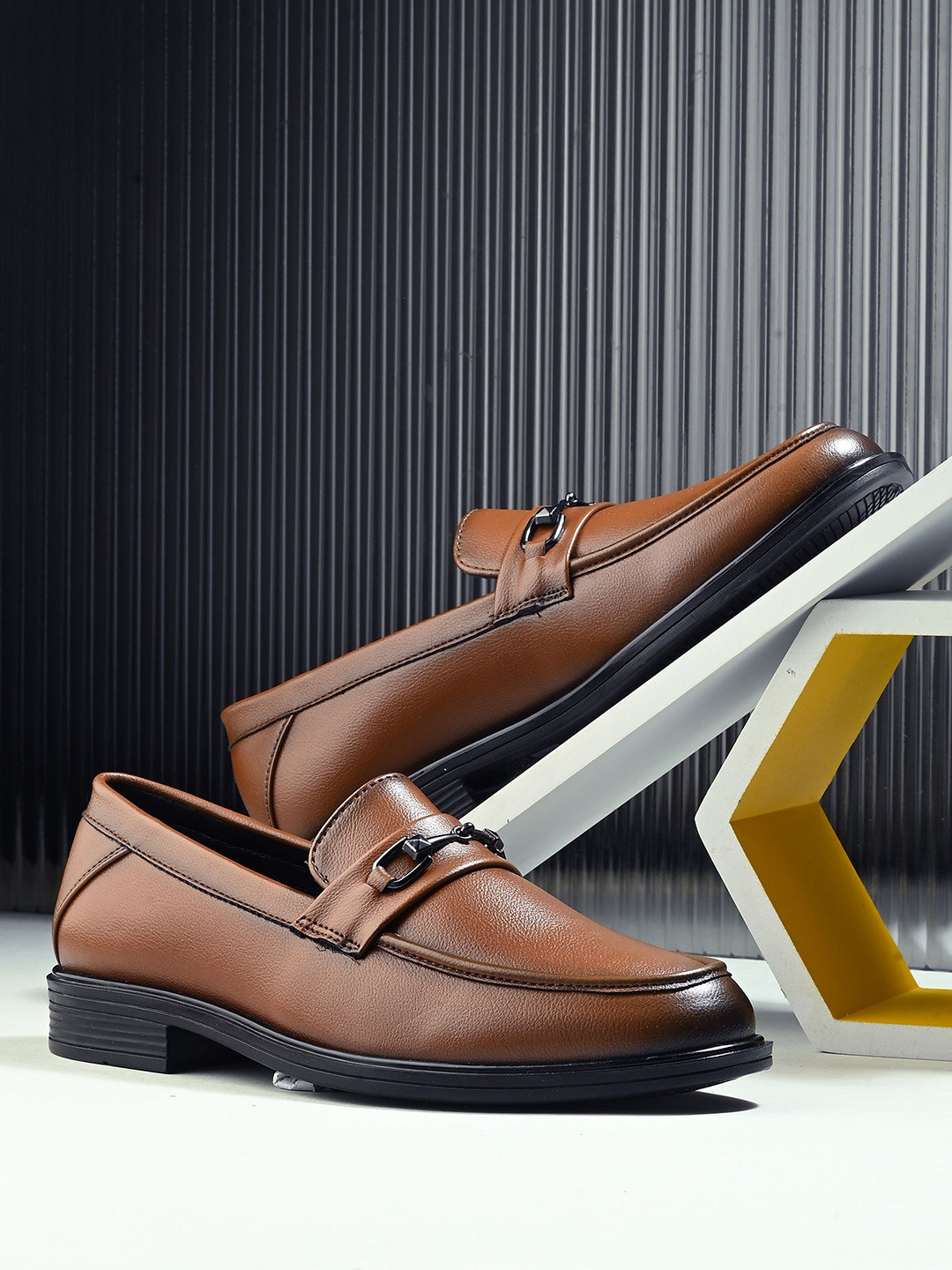 

House of Pataudi Men Solid Leather Round Toe Formal Loafers, Tan