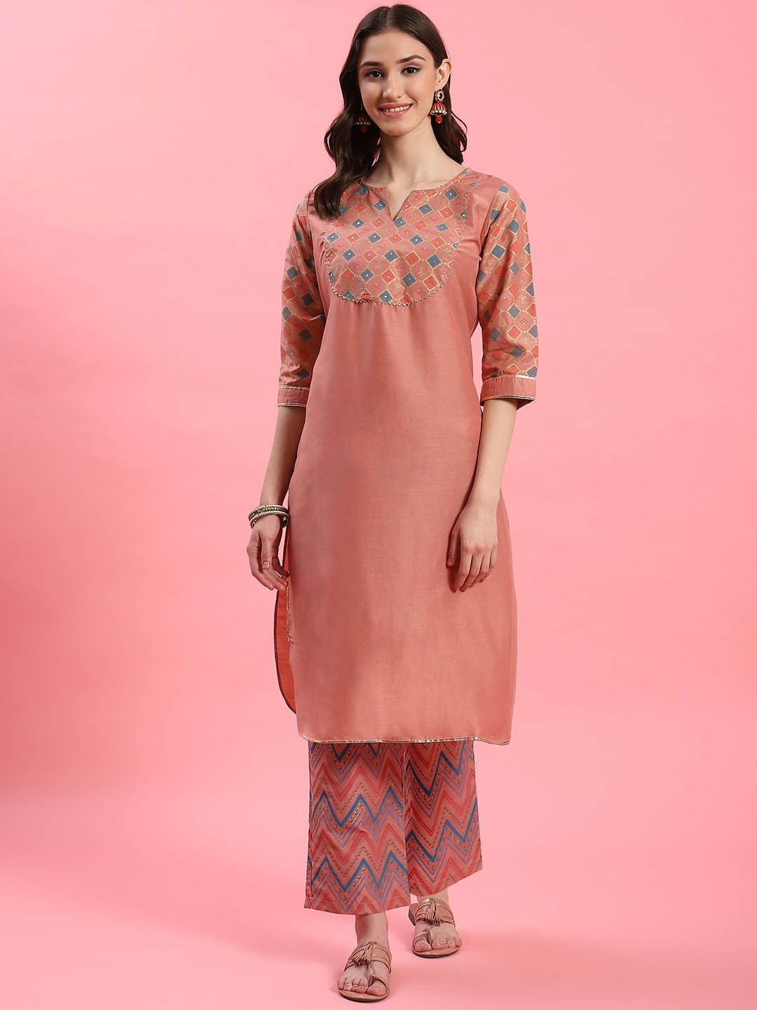 

Shree Ethnic Motifs Embroidered Sequinned Liva Straight Kurta with Trousers, Pink