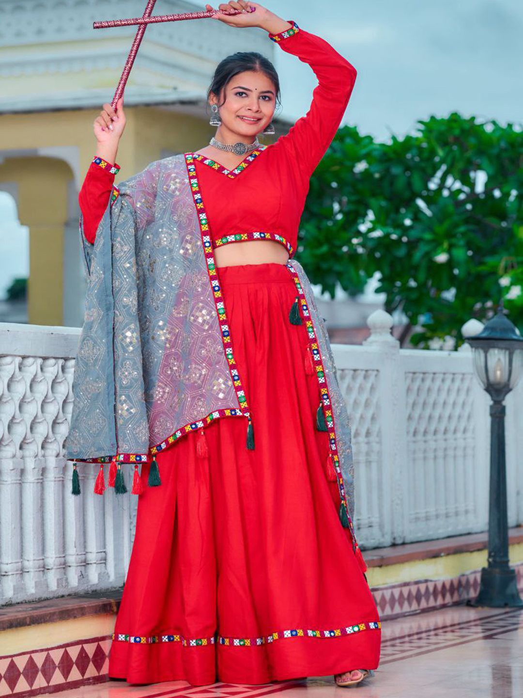 

ZIBLON Embroidered Mirror Work Ready to Wear Lehenga & Blouse With Dupatta, Red