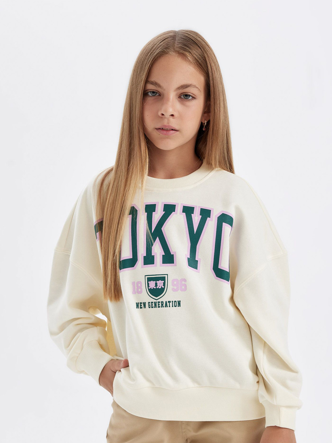 

DeFacto Girls Printed Hooded Sweatshirt, Cream