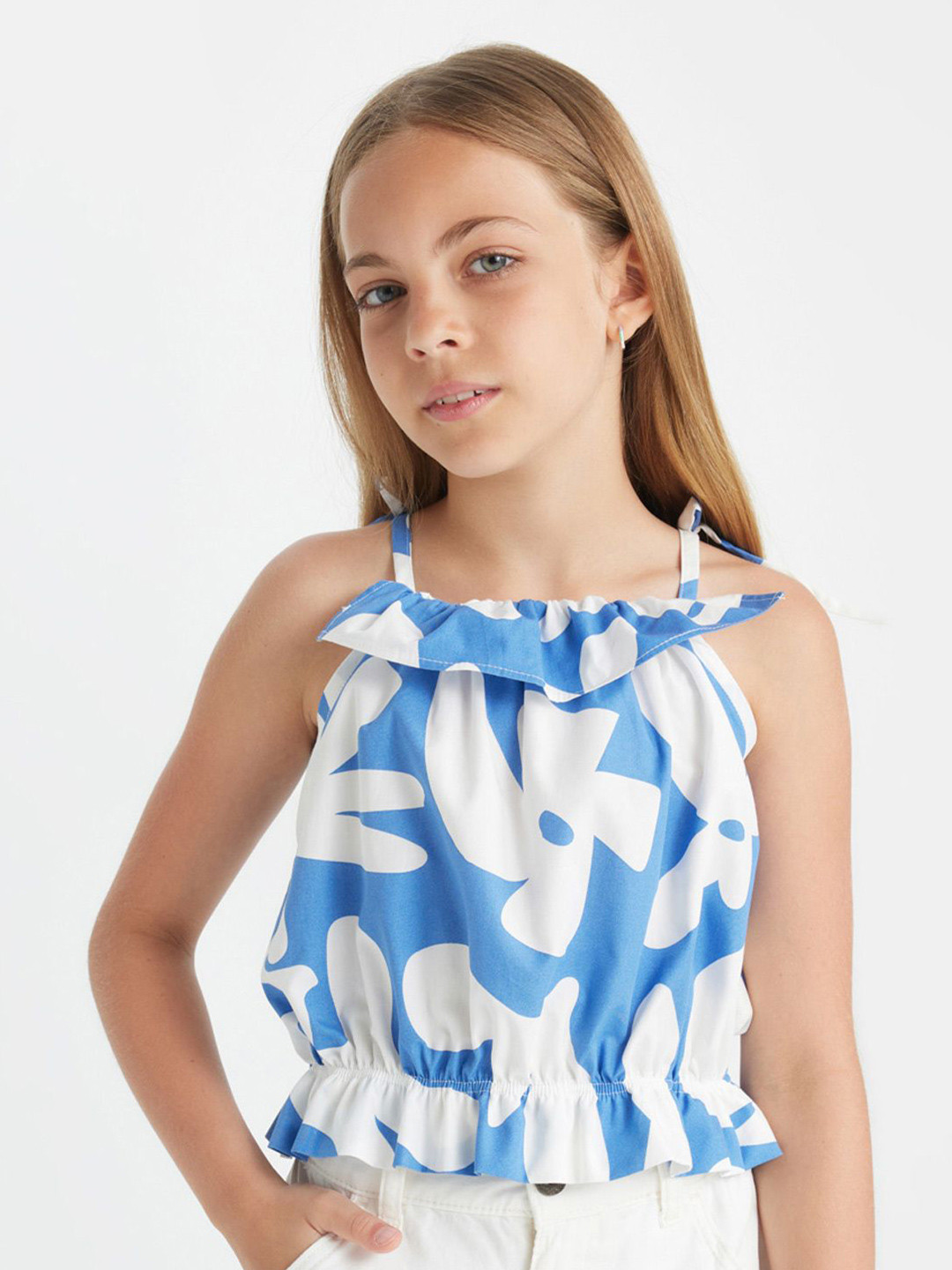 

DeFacto Girls Abstract Printed Shoulder Straps Cotton Top, Na