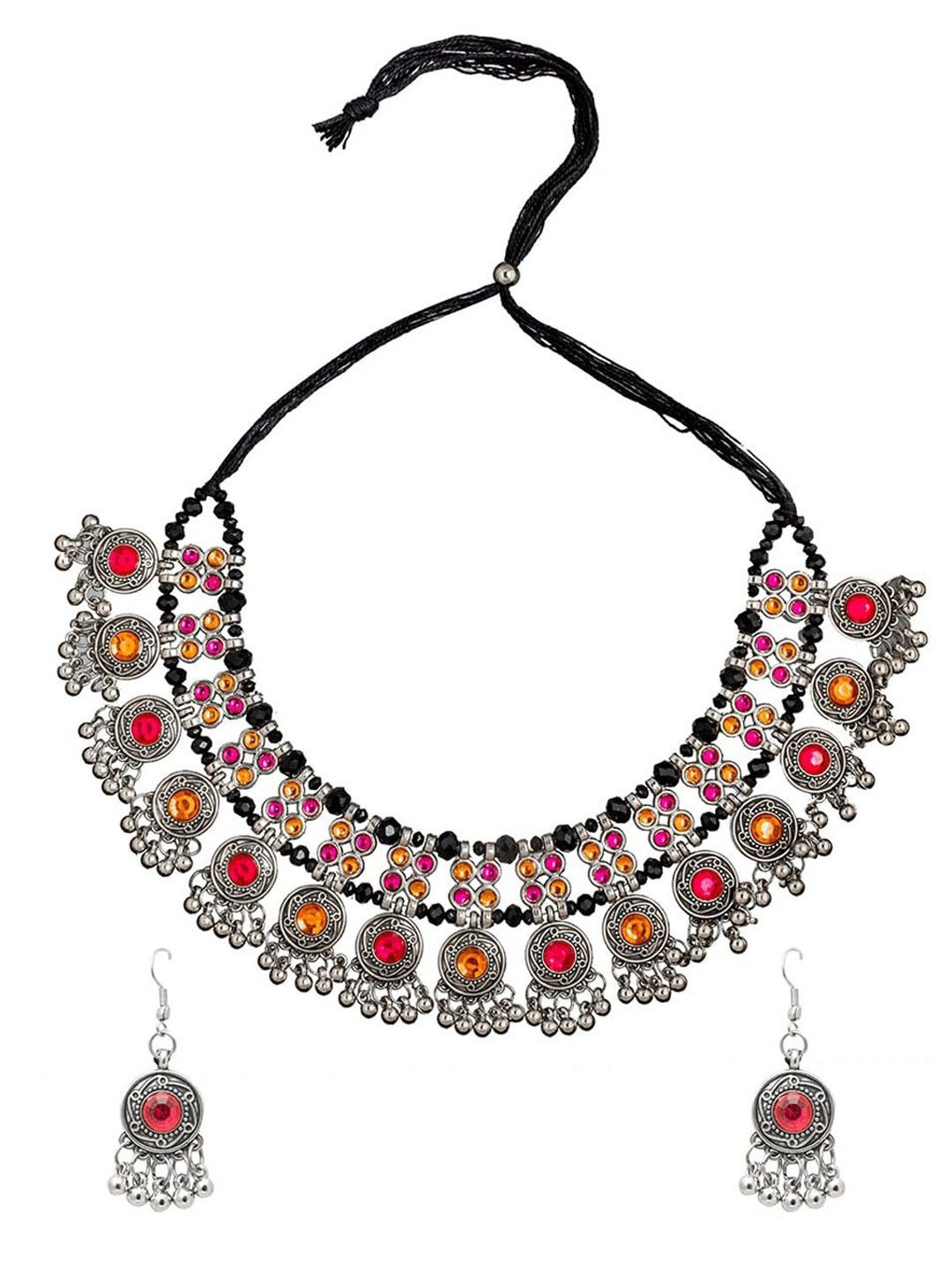 

KRENOZ Silver-Plated Artificial Stones Studded & Beaded Necklace & Earrings