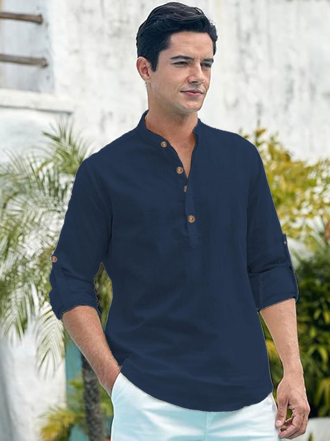 

Vida Loca Mandarin Collar Regular Pure Cotton Straight Kurta, Navy blue