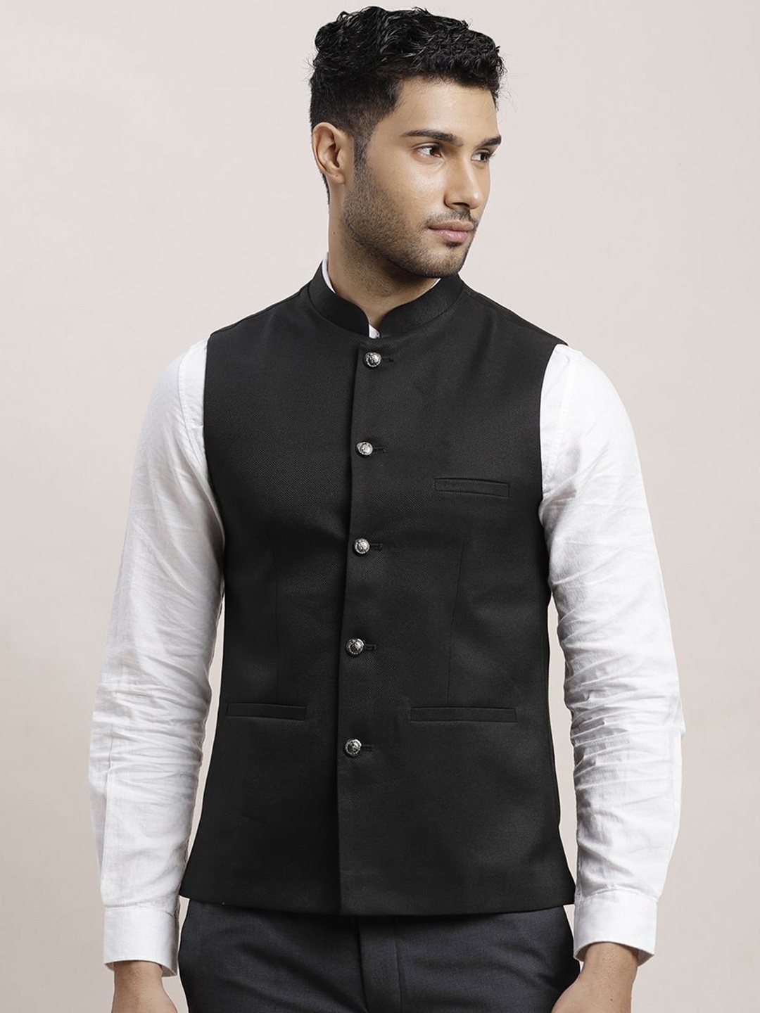 

Turtle Woven Nehru Jacket, Black