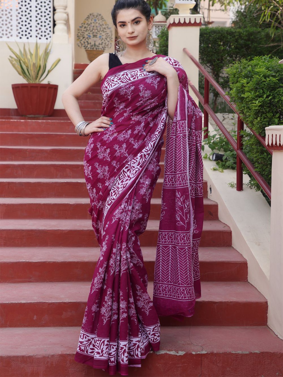 

Pinkcity Trade World Floral Printed Pure Cotton Bagru Saree, Magenta