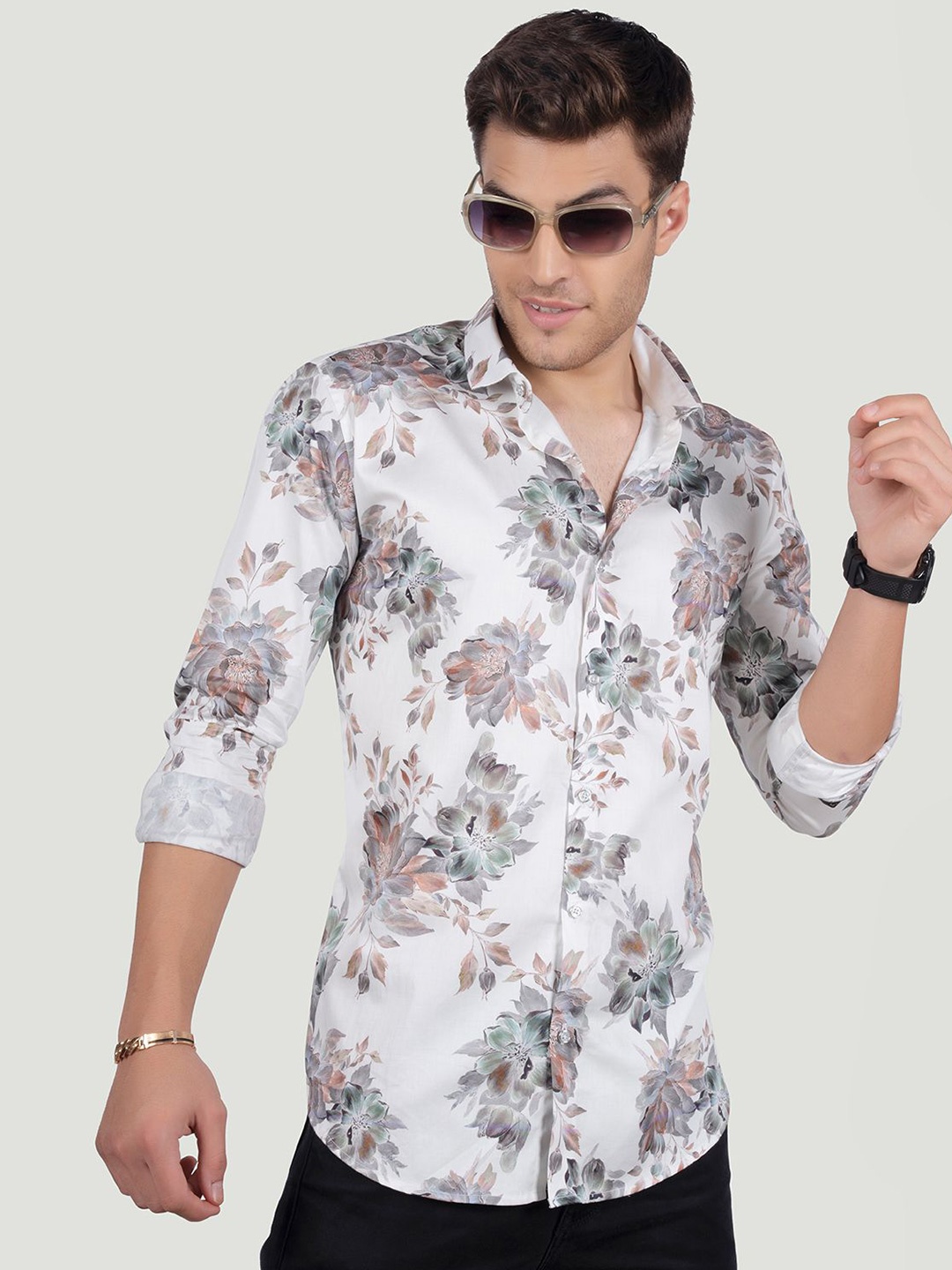 

ALMATY Men Comfort Spread Collar Floral Printed Cotton Slim Fit Party Shirt, White