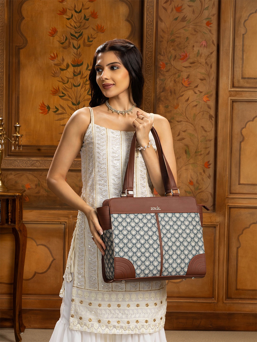 

ZOUK Women Ethnic Motifs Printed Structured Tote Bag, Grey