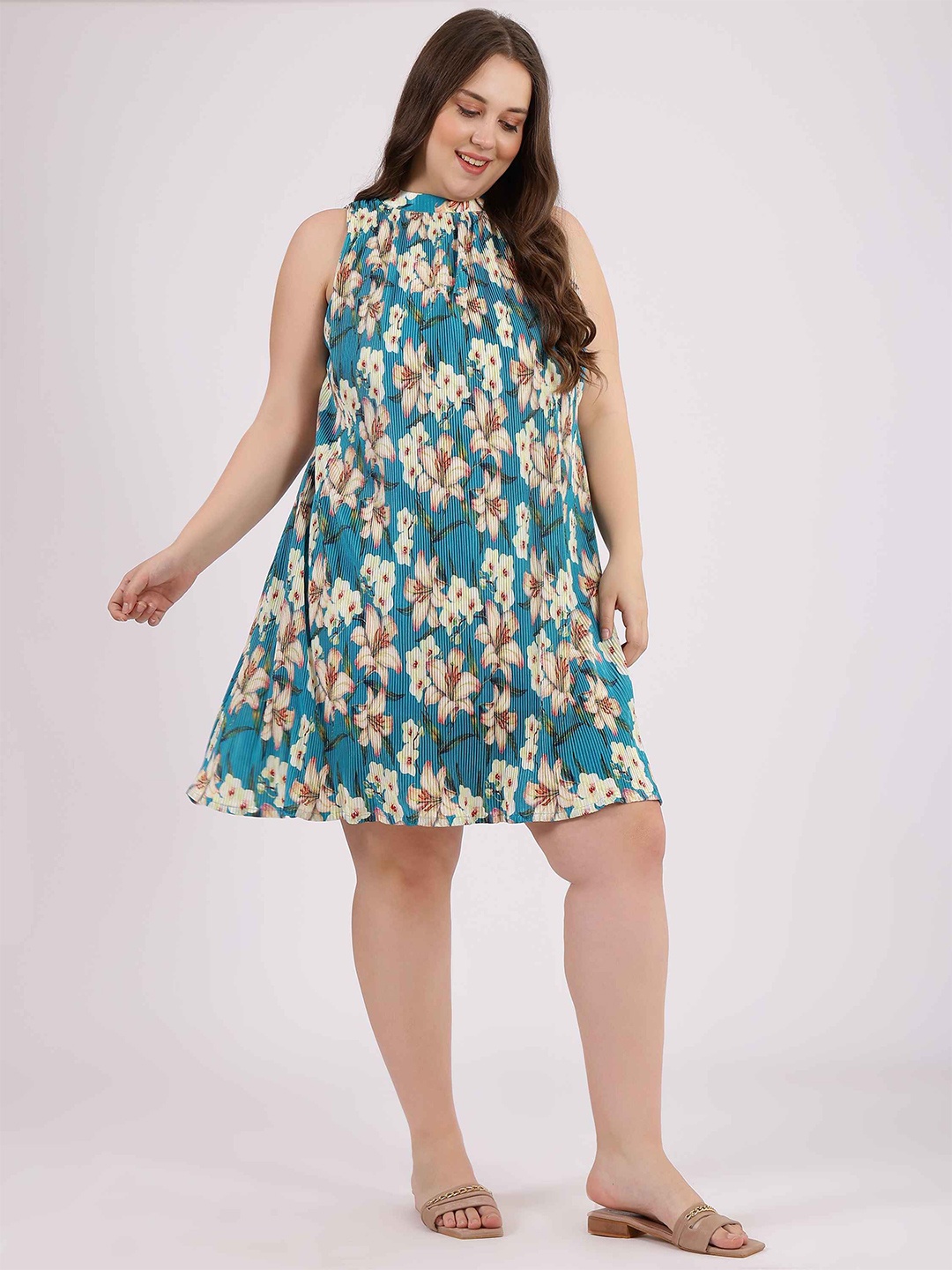 

Curvy Lane Floral Print Halter Neck A-Line Plus Size Dress, Teal