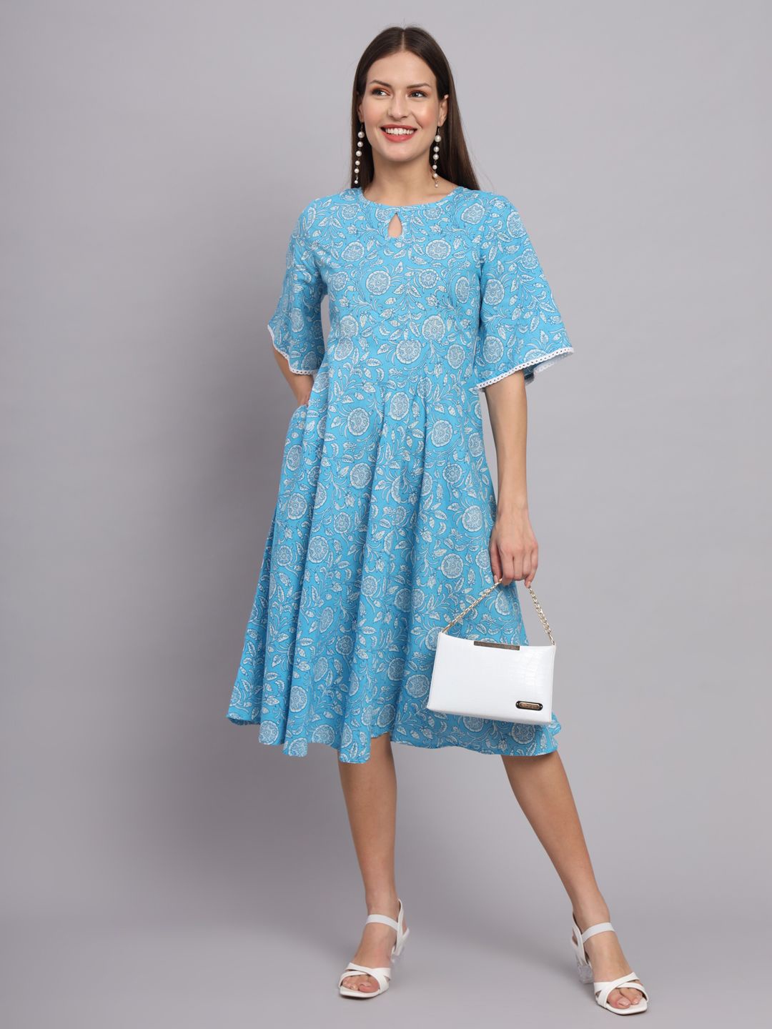 

KALINI Floral Print Flared Sleeve Fit & Flare Midi Dress, Blue