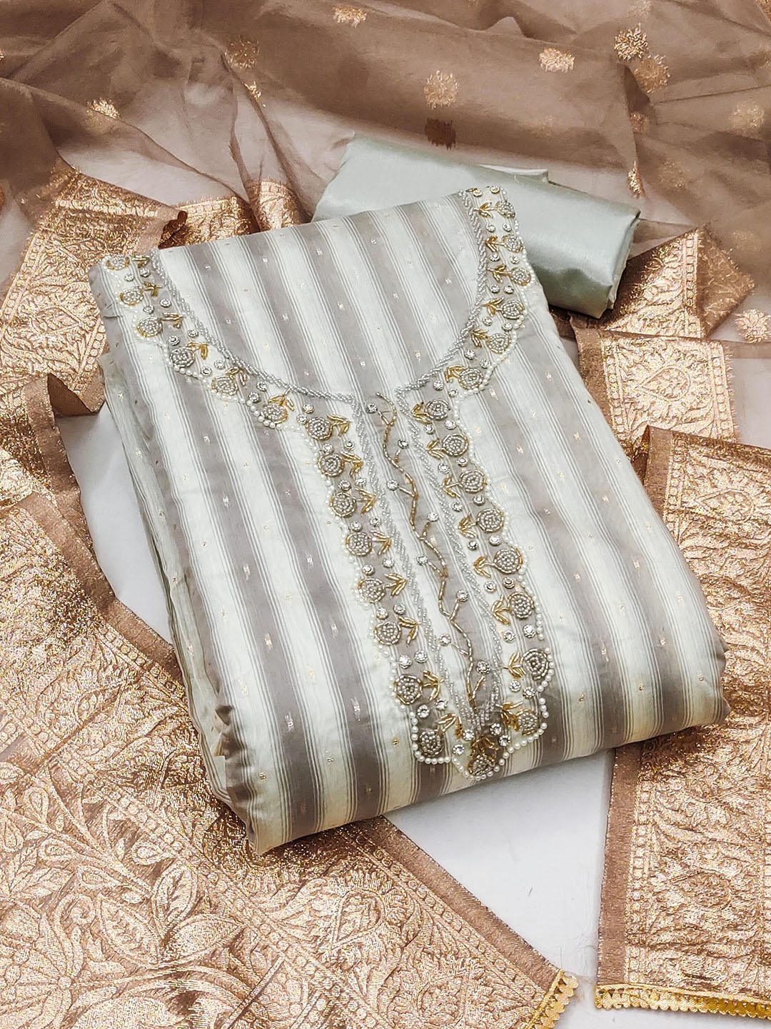 

Ishin Striped Woven Design Beads and Stones Detail Unstitched Dress Material, Grey