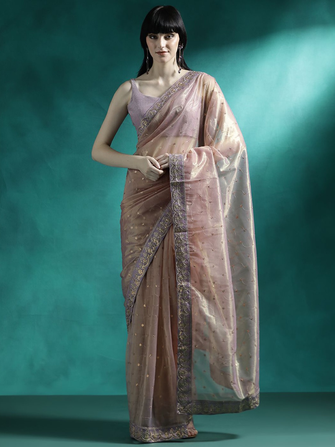 

Sangria Embroidered Organza Saree, Beige