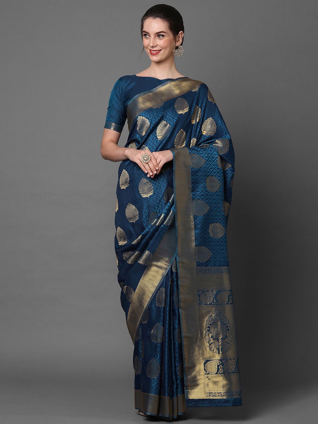 

Saree mall Ethnic Motifs Zari Silk Blend Banarasi Sarees, Teal