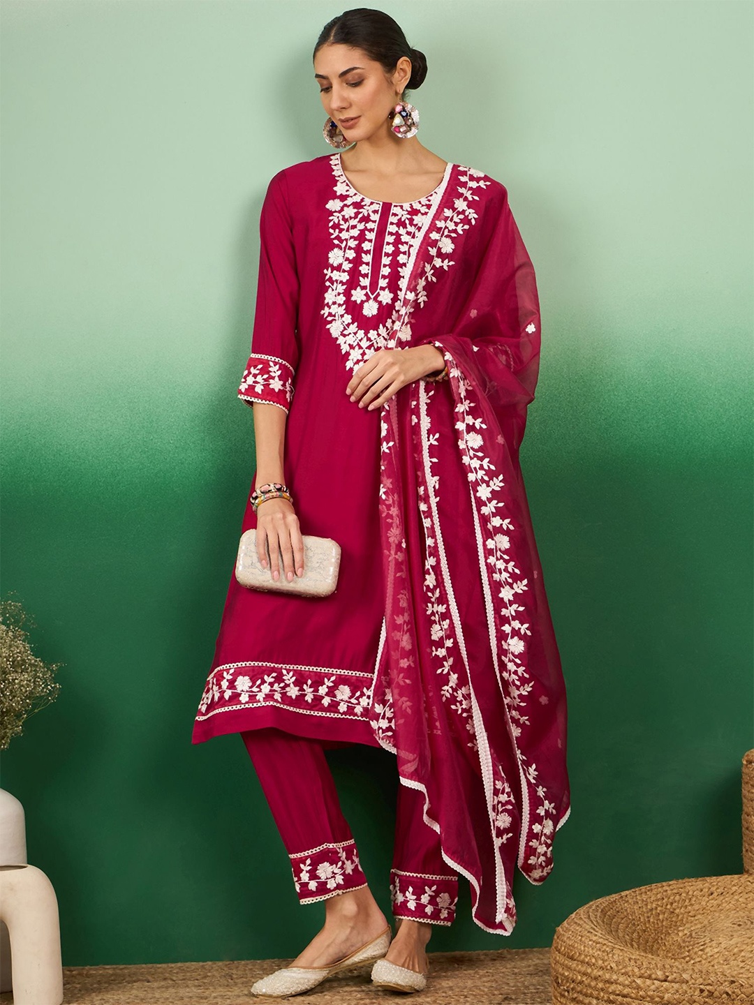 

Maroosh Women Embroidered Thread Work Kurta with Trousers & Dupatta, Red
